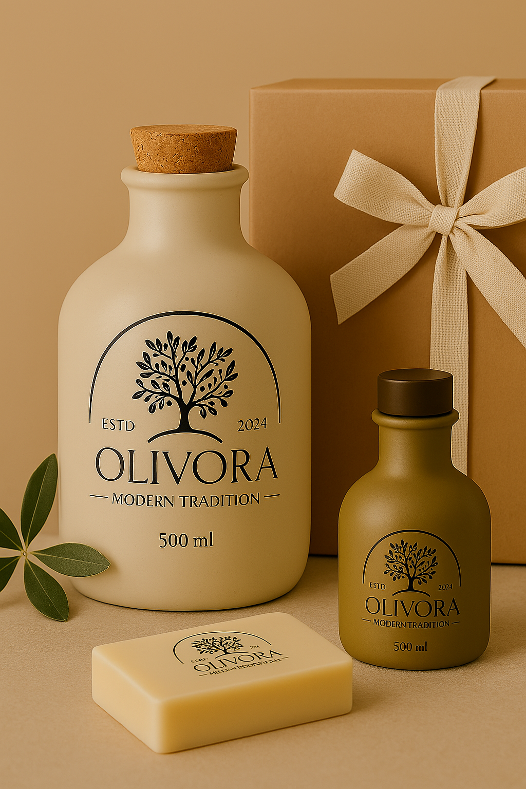 Olivenöl Mitarbeiter Geschenk Set von Olivora mit personalisierter Flasche, Naturseife und Geschenkbox – nachhaltige Firmengeschenke Mitarbeitergeschenke