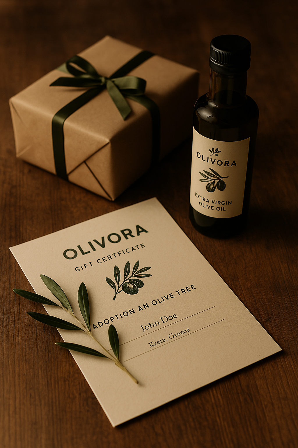 Zertifikat zur Olivenbaum-Patenschaft mit Olivenöl-Flasche und Geschenkbox – nachhaltiges Willkommensgeschenk von Olivora